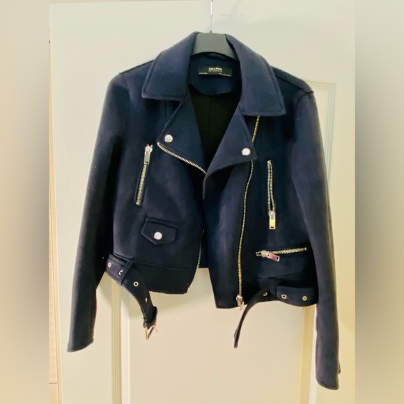 Zara navy suede bikers jacket - Picture 1 of 2